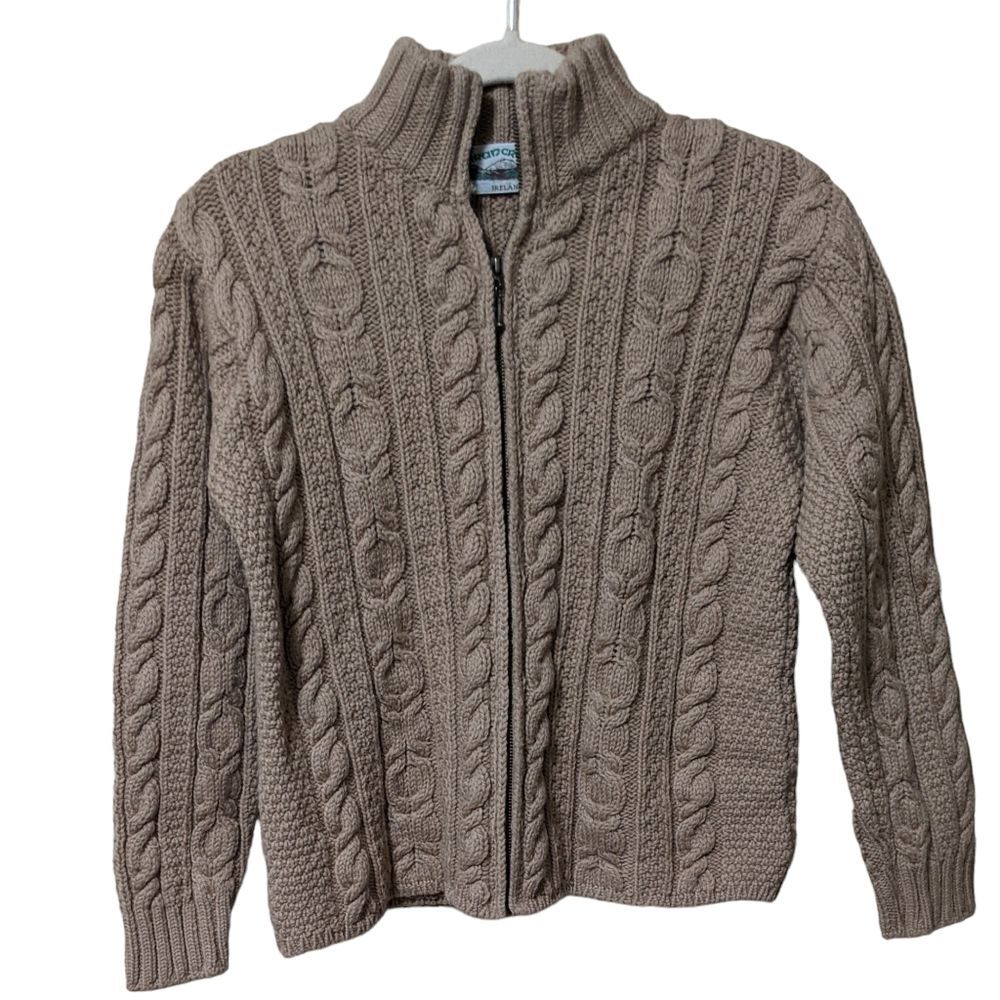 Aran Crafts Ireland merino wool tan zip close cardigan fisherman cable knit S
